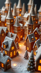 Cozy gingerbread village covered in snow with warm lights, perfect for christmas holidays