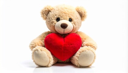 Obraz premium Teddy bear holding red heart on white background.