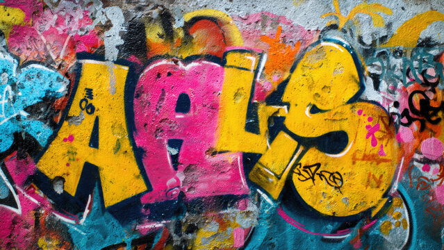 A vibrant, close-up view of dynamic street art graffiti featuring bold yellow and pink bubble letters "ALS" on a textured, weathered wall. Expressive urban artwork. - Powered by Adobe