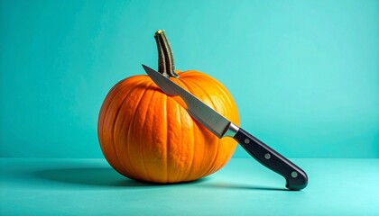 Orange pumpkin with knife on teal background.