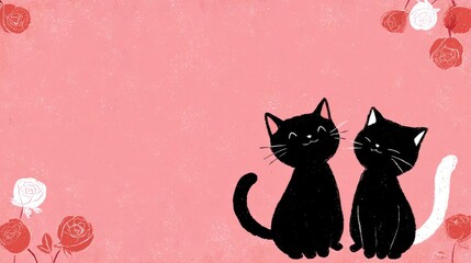 Two black cats on pink background with roses illustrative design