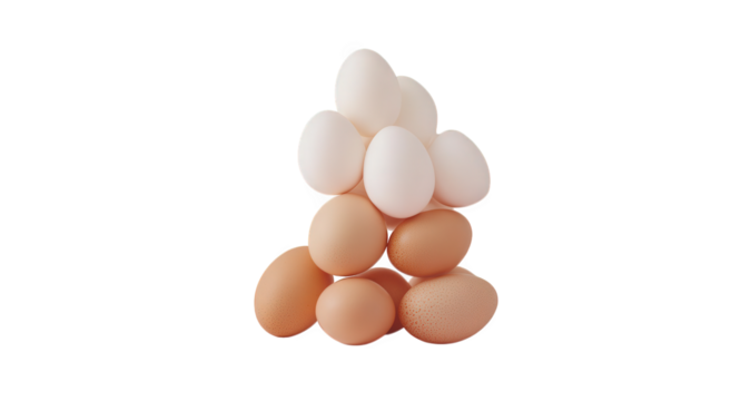Pile of white and brown eggs isolated on transparent background, a nutritious food source rich in protein and essential vitamins for a healthy diet