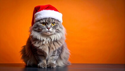 Tabby cat in Santa hat on orange background.