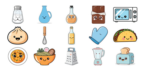 Collection of kawaii kitchen utensils and food items with smiling faces