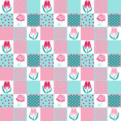 Seamless endless pattern of colorful bright squares, tiles, grids. Abstraction, cubism,modernism,geometry, stylization. Flower, tulip, pink, peony