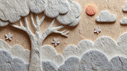 Textured artwork depicting a serene landscape with a stylized tree, sun, clouds, and flowers