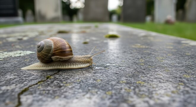 Snail crawling on mossy gravestone in serene cemetery setting