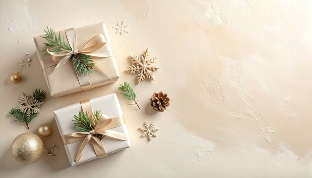 【説明文（日本語 約4行）】
柔らかなクリーム背景に、ニュートラルトーンのギフトと控えめなオーナメントが整然と配置された、落ち着いたミニマルホリデーイメージです。
優しい色合いが洗練された静けさと上品な季節感を演出します。
冬イベント、クリスマス販促、SNS投稿、カード、広告などに幅広く活用できます。