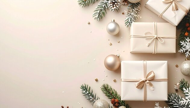 【説明文（日本語 約4行）】
柔らかなクリーム背景に、ニュートラルトーンのギフトと控えめなオーナメントが整然と配置された、落ち着いたミニマルホリデーイメージです。
優しい色合いが洗練された静けさと上品な季節感を演出します。
冬イベント、クリスマス販促、SNS投稿、カード、広告などに幅広く活用できます。