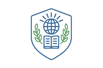 Academic crest with shining globe, open book, and laurel branches symbolizing global knowledge and learning achievement