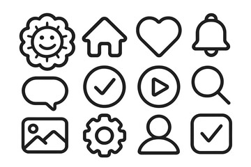 Essential outline symbols for user interface design: home, heart, search, settings, and profile