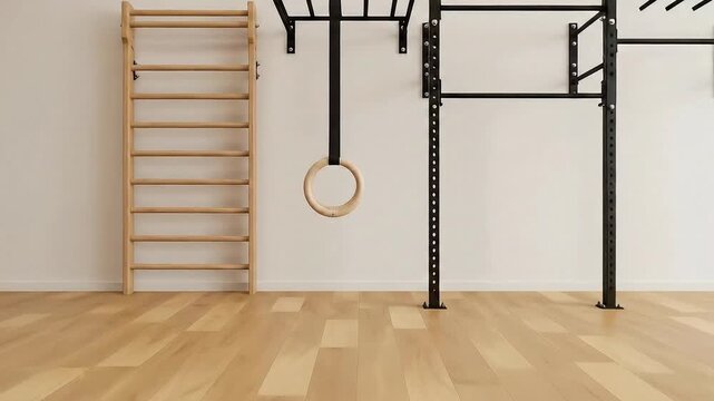 Gym Interior with Gymnastic Rings, Wall Bars, and Pull-Up Bar in a Minimalist Workout Space