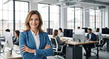 Confident businesswoman standing in a modern office with colleagues working in the background
