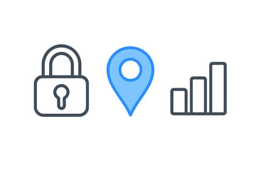 Closed padlock, location pin, and rising bar chart symbols for digital interface design