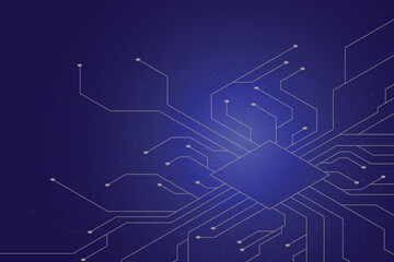 Abstract blue isometric microchip technology background with circuit lines.
