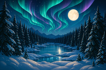 Northern Lights Over Snowy Pine Forest and Frozen Lake – Magical Winter Paper Art