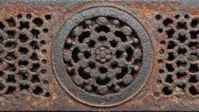 Close-up of a rusty, ornate cast iron grill with a central circular floral pattern and honeycomb perforations, showcasing aged metal texture.