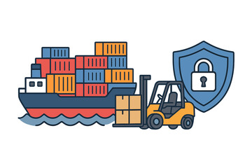 Naklejka premium Secure global shipping logistics with cargo ship, forklift, and security shield icon