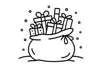 Santa's sack overflowing with many holiday presents and wrapped gift boxes