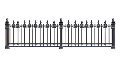 An ornate black wrought iron fence with decorative spikes, isolated on transparent background, provides security and adds a touch of elegance to any property