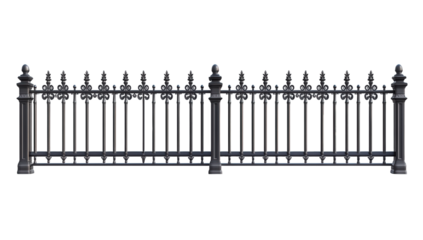 An ornate black wrought iron fence with decorative spikes, isolated on transparent background, provides security and adds a touch of elegance to any property