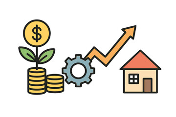 Financial growth concept with money plant, rising arrow, gear mechanism, and real estate investment