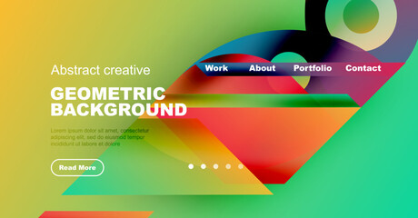 Vibrant geometric background design. Features colorful shapes, text elements, navigation menu, button. Modern aesthetic, suitable website header.