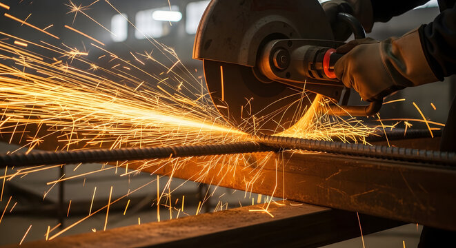 Metalworker cutting rebar with an abrasive saw producing a shower of sparks, Professional cutting metal with a circular saw in a workshop environment with safety in mind