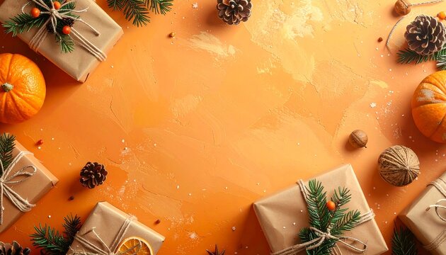温かなオレンジ背景に、ラスティックなギフトや木製オーナメントが並ぶ、ほっこりとした季節感のあるホリデーイメージです。
自然素材の質感と暖色の組み合わせが、親しみやすいコージーな雰囲気を演出します。
冬イベント、SNS投稿、販促、カードなど幅広く活用できます。