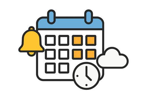 Digital calendar schedule reminder notification bell and cloud synchronization symbol