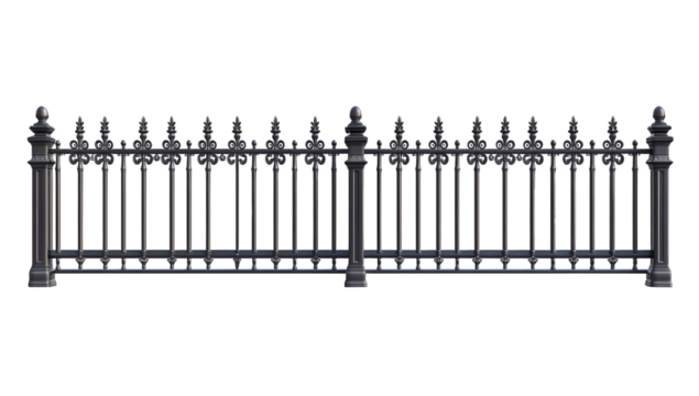 An ornate black wrought iron fence with decorative spikes, isolated on transparent background, provides security and adds a touch of elegance to any property