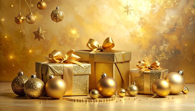 リッチなゴールドの背景に、豪華なギフトボックスとメタリックオーナメントが映えるグラマラスなホリデーシーンです。
輝く光沢感と金の深みが、高級感と祝祭ムードを強く演出します。