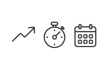 Business performance symbols showing growth chart arrow, stopwatch, and calendar