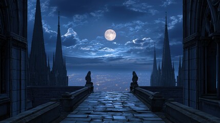Obraz premium Moonlit Gothic Cathedral Rooftop Over City