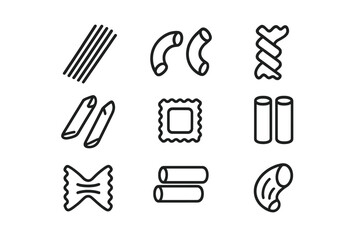 Outline shapes collection of popular Italian pasta varieties including penne fusilli and farfalle