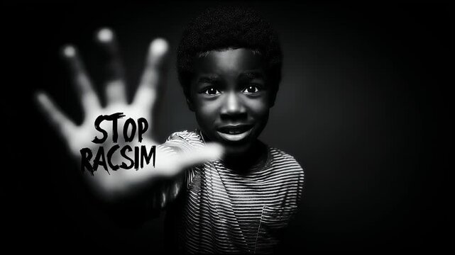 Black and white photo of child protesting racism with raised hand and bold STOP RACISM message