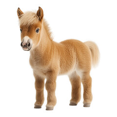 Charming pony foal isolated on transparent background, standing gracefully with a fluffy mane and tail, showcasing its youthful charm and gentle demeanor in a studio shot