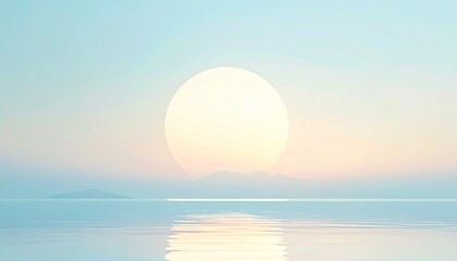 ペールブルーからクリームへ移ろうパステルグラデーションの空に、丸い太陽が水面から静かに昇る柔らかな朝の背景です。
滑らかな反射光が水面に広がり、穏やかで清らかな空気感を演出します。
