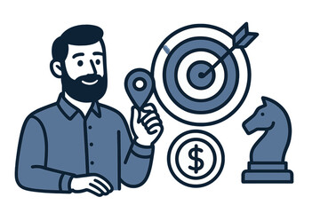 Bearded man holding a location pin surrounded by business strategy symbols target dollar and chess knight