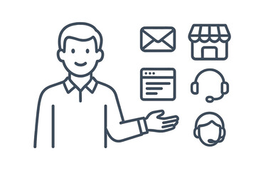 Service representative presenting contact methods and business support icons