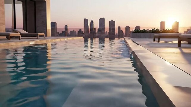Rooftop infinity pool reflecting a vibrant sunset over a modern cityscape, offering a luxurious escape and panoramic views