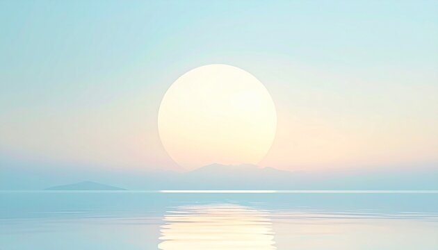 ペールブルーからクリームへ移ろうパステルグラデーションの空に、丸い太陽が水面から静かに昇る柔らかな朝の背景です。
滑らかな反射光が水面に広がり、穏やかで清らかな空気感を演出します。
