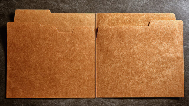 Two empty brown manila file folders with tabs, lying flat on a dark textured desk surface, ready for organization.