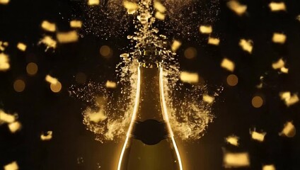 Champagne bottle popping with golden confetti and glowing outline. - Powered by Adobe