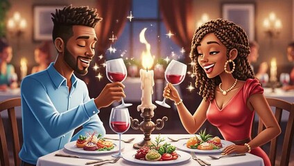 A romantic dinner for two, with a couple toasting and drinking wine. - Powered by Adobe