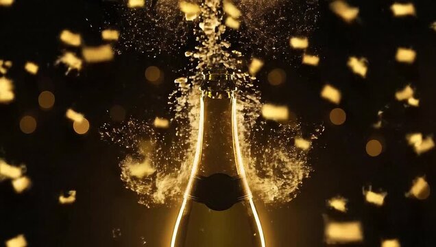 Champagne bottle popping with golden confetti and glowing outline.