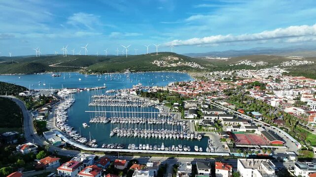 izmir sigacik drone shooting - 4k image of the aegean fishing town sığacık, teos marina and historical castle taken with drone