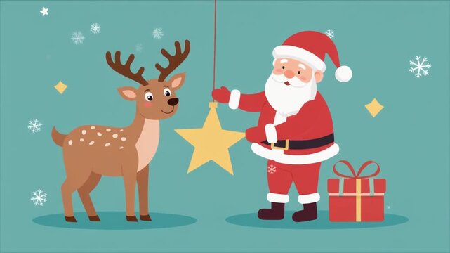 Santa and Reindeer Decorating with a Star