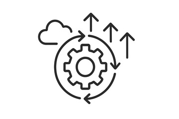 Cloud computing data processing workflow cycle with gear mechanism and upward data transfer arrows