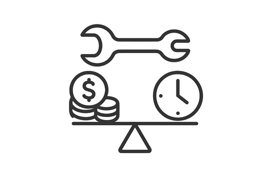 Wrench balancing money and clock time on a scale symbolizing cost, efficiency, and maintenance value